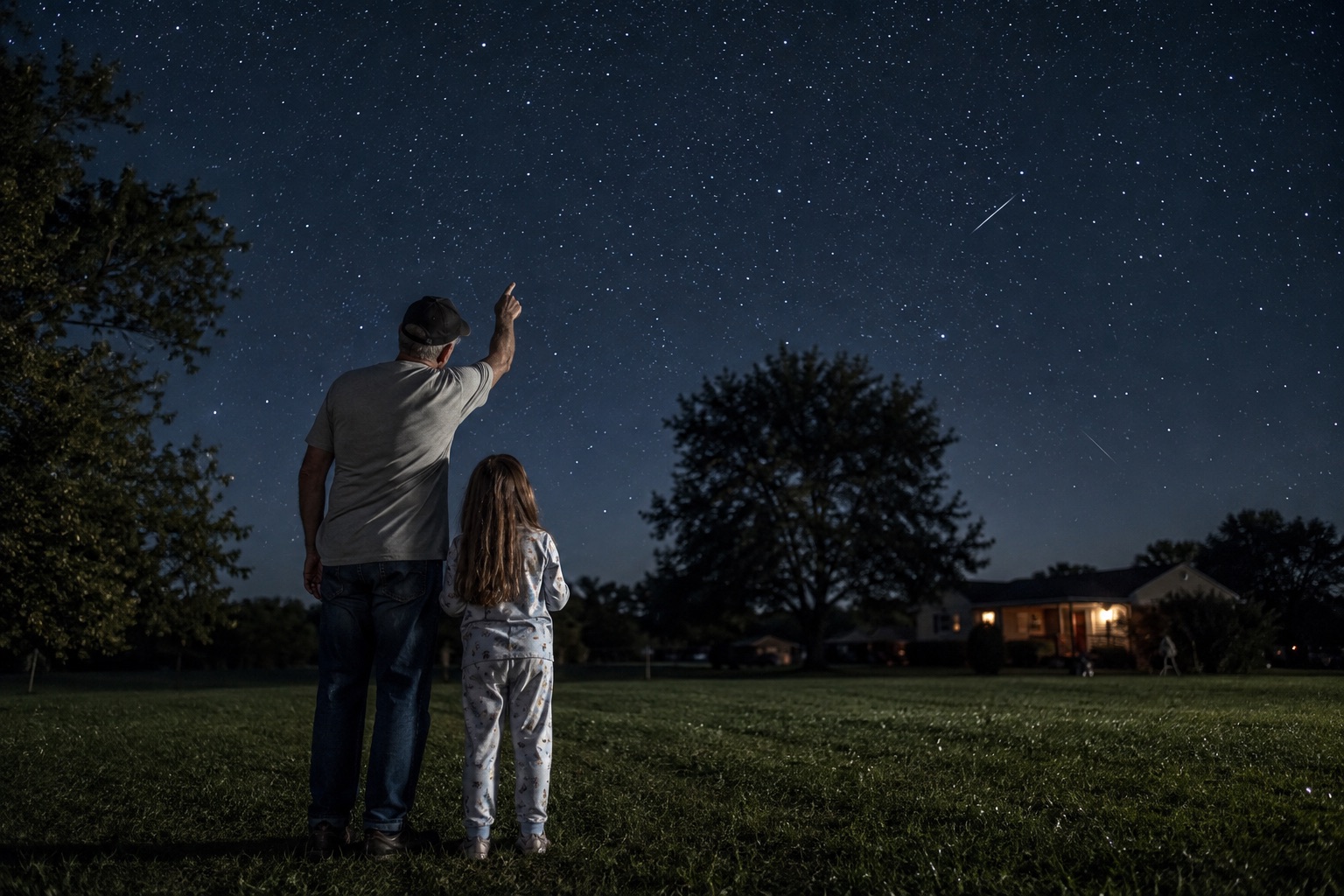 A grandfather points at a meteor streaking through a starry night sky while a young girl in pajamas stands beside him in the backyard, the house's porch light glowing behind them.